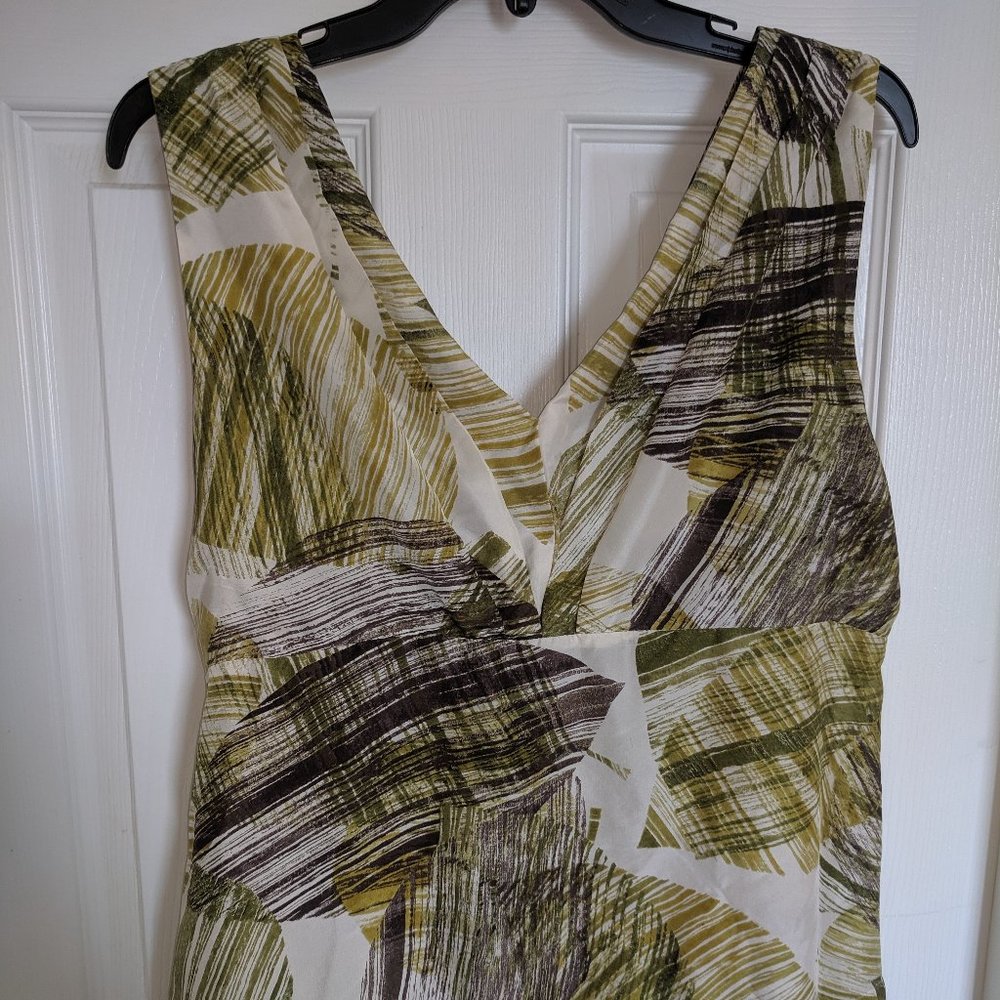 New York & Co Green and Tan V Neck Silk Top